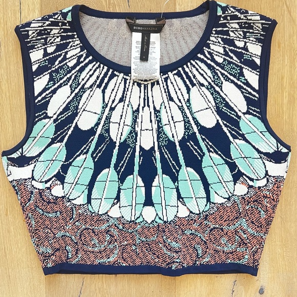BCBGMaxazria Blue Mayim Batik Jacquard Knit Crop Top Size Small - Picture 1 of 4